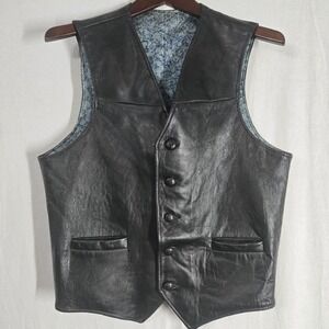 VTG Trego's Westwear Black Leather Vest Mens 40R Blue Satin Lined 5 Button Biker